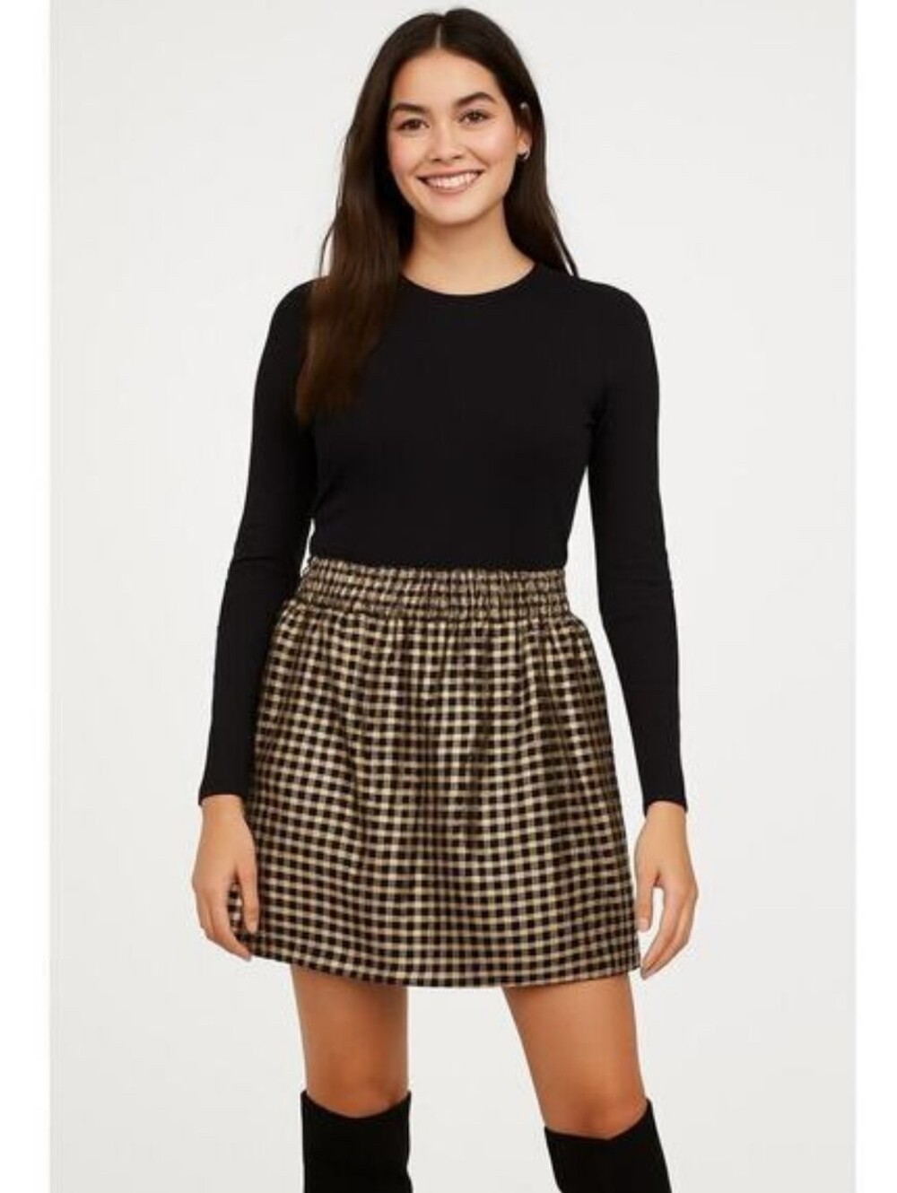 🌲🎄 J.Crew Women’s Black & Gold Gingham Check Smocked Waist Skirt Size Medium